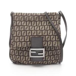 Fendi Zucchino Shoulder Bag Canvas Leather Brown Beige